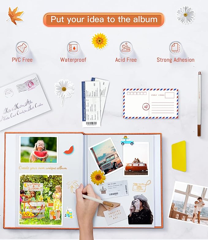 popotop Photo Album Self Adhesive with Picture Display Window,60 Pages DIY Scrapbooking Supplies Kit for 4x6 8x10 Picture,Linen Cover Memory Book for Baby Wedding, with Scraper and Metallic Pen