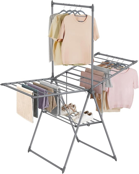 SONGMICS Clothes Drying Rack, Foldable 2-Level Laundry Drying Rack, Free-Standing Airer, 1 Additional Tall Hanging Bar, 2 Height-Adjustable Wings, 24 Drying Rails, Space Savng, Gray ULLR521G01