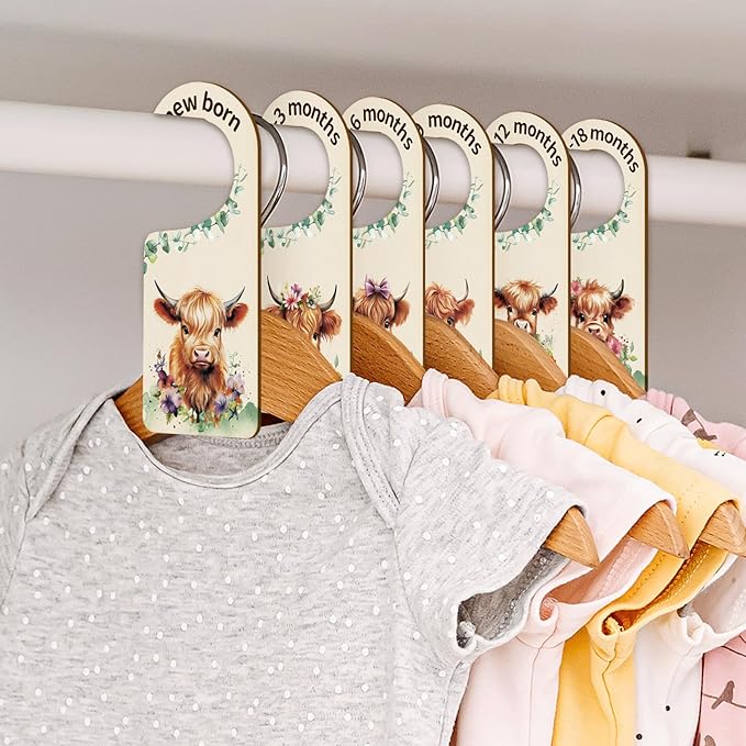 Whaline 8Pcs Baby Closet Size Dividers Watercolor Highland Cow Hanging Wood Baby Closet Organizer Newborn to 24 Months Thicken Baby Wardrobe Organizer