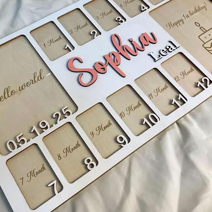 Personalized My First Year Photo Frame | Hello World To Birthday 12 Months Picture Frame For Baby First Year | Displays Two 4x6 Photo and Twelve 2x3 Pictures | Birthday Party Memory Keepsake