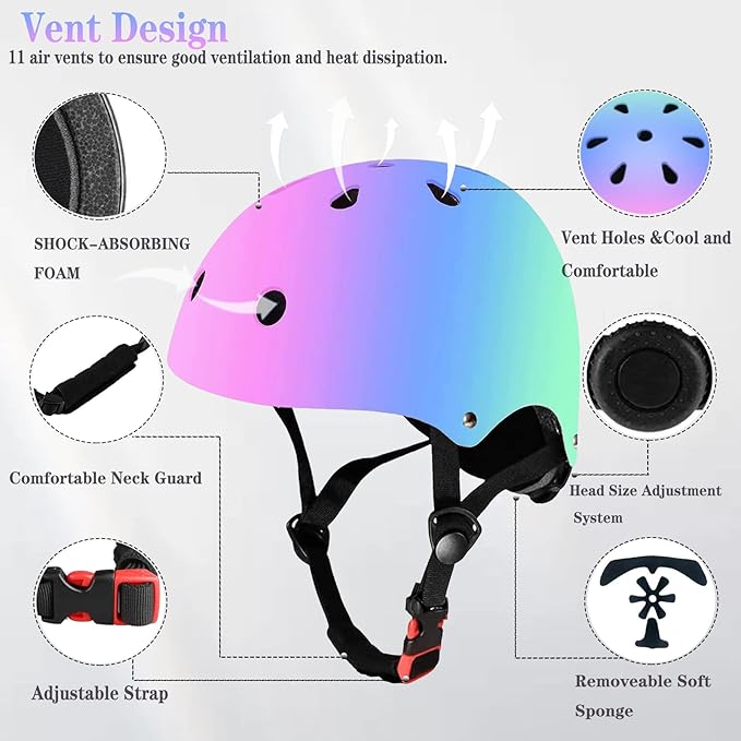 Kids Bike Helmet Set Adjustable for Children, Boys, Girls and Teenagers Aged 3-8 Years Includes Elbow, Knee, Wrist Guards Children's Helmet Protection Set for Bikes SkateboardsRollerskates