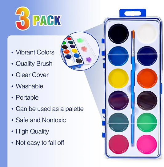 3 Pack Watercolor Paint Set for Kids, 12 Colors Watercolors Paints with Paint Brush, Kids Watercolor Paint Set for Party Favor, Classroom.