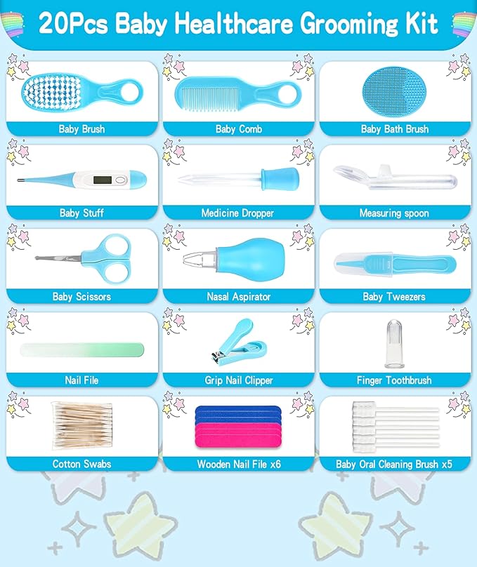 Baby Grooming and Healthcare Kit, Portable Baby Safety Care Set with Hair Brush Comb Nail Clipper Nasal Aspirator for Nursery Newborn Infant Girl Boy (25 in 1, Blue)