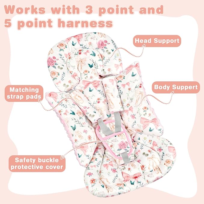 3-in-1 Infant Car Seat Insert, Soft Head and Body Support,Ultra & Strap Covers Set, Reversible Newborn Car Seat Cushion Pad for Baby Boy & Girl fits Stroller, Swing, Bouncer (Pink Bow)
