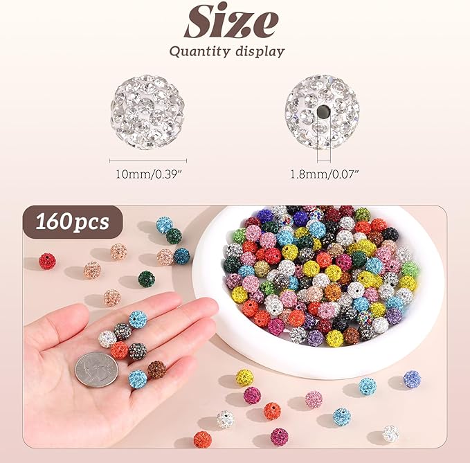 160pcs 10mm Rhinestone Beads for Jewelry Making, Blue Black Shiny Round Disco Ball Beads Bulk, Sparkle Crystal Clay Christmas for Bracelet Baseball Necklace Earring Crafting and DIY