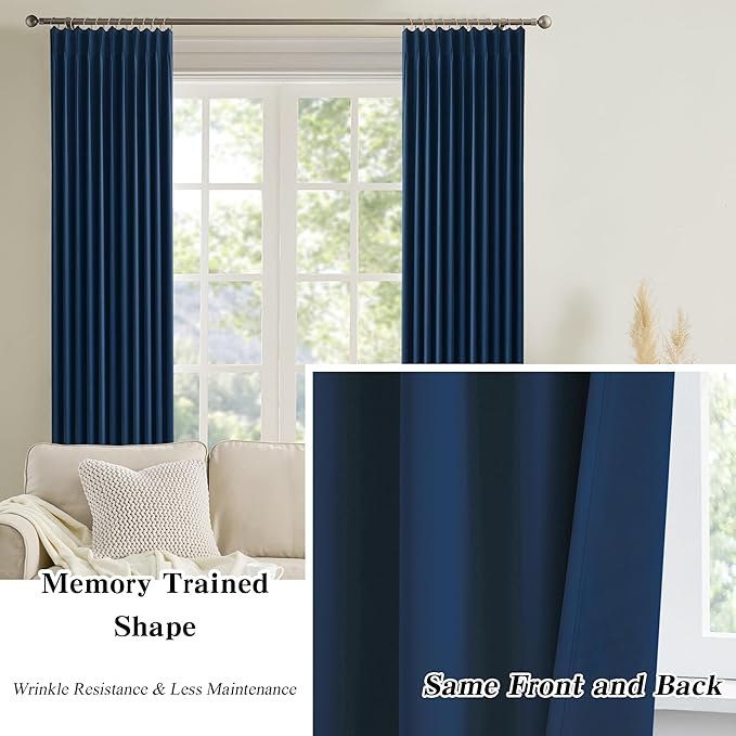 Pinch Pleated Curtains 156 Inches Long 2 Panels Set, Thermal Insulated Blackout Room Darkening Curtain for Bedroom,Window Draperies with Hooks(Navy Blue,40x156-inch)