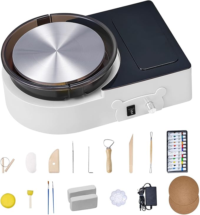 VEVOR Mini Pottery Wheel For Kids and Beginners, 6” Turntable, Two-way Rotation, Adjustable Speed, Complete Pottery Set with Clay Art Supplies Sculpting Tools, Craft Gifts for Kids Teens Adults, White