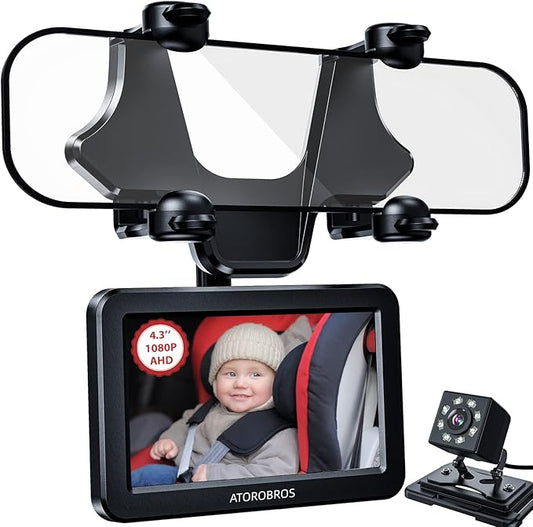 Upgrade AHD 1080P Baby Car Camera for Rear-Facing Seat, 4.3'' Car Back Seat Mirror for Children Infants Kids, 1080P IR Night Vision, Upgrade 360 Rearview Mirror Display Bracket