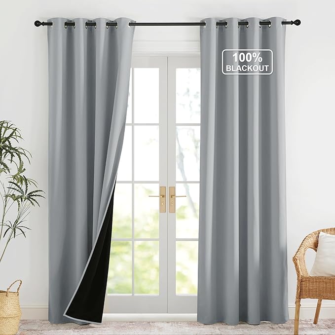 NICETOWN Grey Blackout Curtains for Bedroom 52 X 84 Inch Long 2 Panels Set Light Room Darkening Plylux Drapes for Living Room, Soundproof Thermal Insulated Grommet Window Treatment
