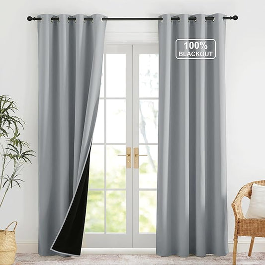 NICETOWN Grey Blackout Curtains for Bedroom 52 X 84 Inch Long 2 Panels Set Light Room Darkening Plylux Drapes for Living Room, Soundproof Thermal Insulated Grommet Window Treatment