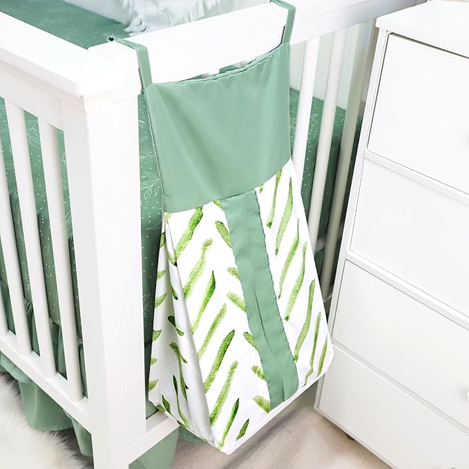 Green Leaf Crib Bedding Set, 4-Piece Baby Boy Bedding Set, Neutral Nursery Bedding Set, Fitted Crib Sheet, Crib Skirt, Baby Quilt, and Diaper Stacker, Sage