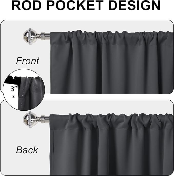 XWZO Blackout Curtains for Bedroom 63 inch Length Room Darkening Thermal Insulated Rod Pocket Curtains for Living Room with Tiebacks,Dark Grey,W42 x L63,Set of 2