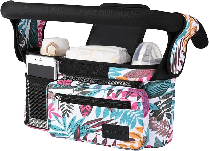Momcozy Universal Stroller Organizer, 2 Insulated Cup Holders, Removable Zip Pocket, Adjustable Straps, Large Capacity Baby Essentials Compact Design, Fits Any Stroller (Multicolor)