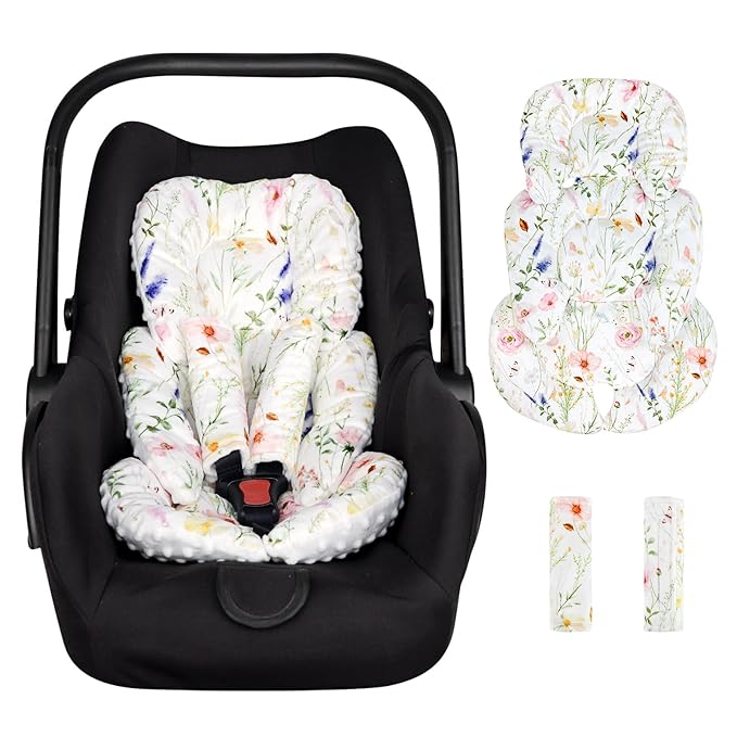 Infant Car Seat Insert, Car Seat Head Support Baby Girls Boys, Soft & Reversible Newborn Carseat Insert Cushion with 2 Strap Covers, for Stroller, Swing, Bouncer (White Wildflowers)