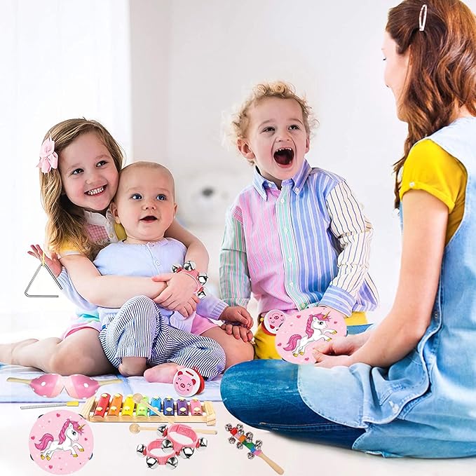 Kids Musical Instruments Sets, 12pcs Wooden Percussion Instruments Toys Tambourine Xylophone for Kids Playing Preschool Education, Early Learning Musical Toys for Boys Girls Gift (Pink)