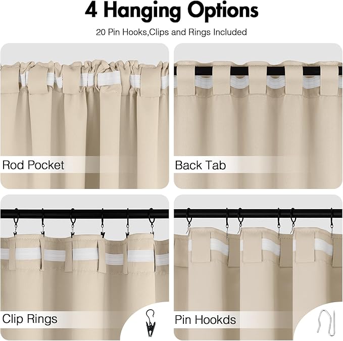 ANRODUO Back Tab Blackout Curtains for Bedroom Living Room, Rod Pocket Pinch Pleated Thermal Insulated Room Darkening Curtains 54 Inches Long 2 Panels, Cream Beige, 42 x 54 Inch