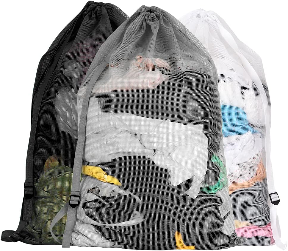 Mesh Laundry Bags with Adjustable Shoulder Strap, 24" x 36" Heavy Duty Nylon, Drawstring Closure, 3-Pack, Mixed Colors