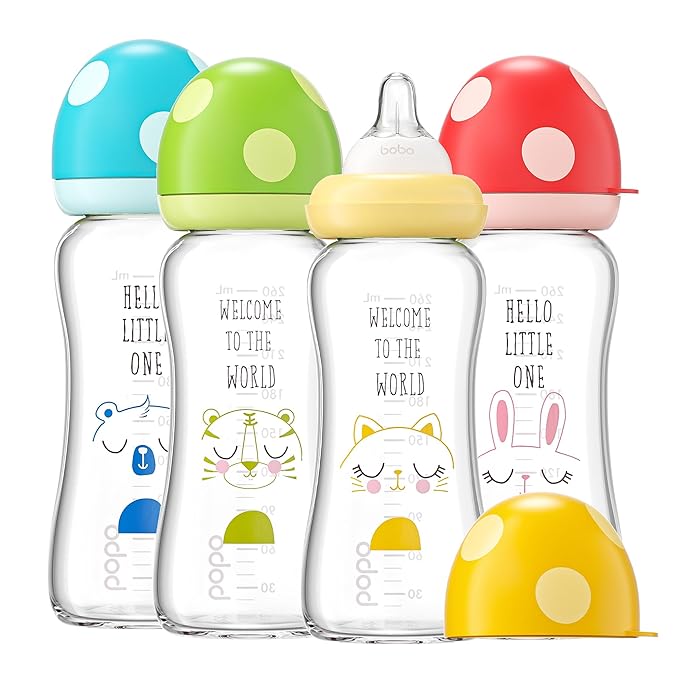YOHKOH Natural Glass Baby Bottle with Natural Response Nipple, Newborn Anti-Colic Baby Bottles, Wide Neck Mushroom Cap Baby Bottle, Clear (8.8ounce (Pack of 4), Multicolour1)