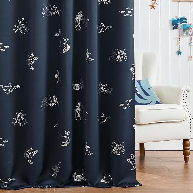 Vangao Kids Curtains for Boys Bedroom Kids Blackout Curtains 84 Inch Length Ocean Aquarium Nursery Drapes for Girls Bedroom Silver Sea Animals Print Thermal Insulated Drapes, Navy Blue 2 Panels