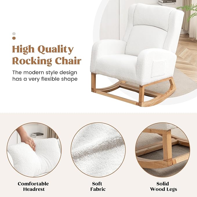Rocking Chair Nursery, Nursing Rocking Chairs for Mom Nursery, Comfy Wingback Glider Rocking Armchair with Foot Rest and Side Pocket for Nursery Living Room Bedroom, Teddy White