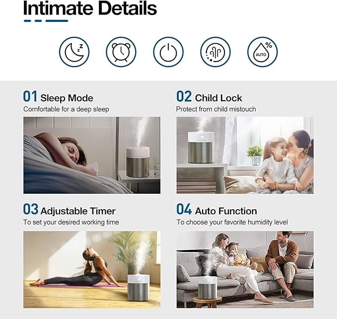 Stainless Steel Humidifier, 4.5L Easy to Clean Humidifier with 304 Stainless Steel Tank, Cool Mist Humidifiers for Bedroom with Smart Humidistat & Timer, 25dB Sleep Mode for Baby, Plants