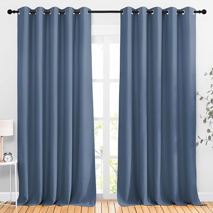 NICETOWN Bedroom Blackout 110 inch Curtains for Sliding Glass Door, Grommet Thermal Insulated Solid Window Treatments Sound Reducing for Living Room, W66 x L110, Stone Blue, Set of 2