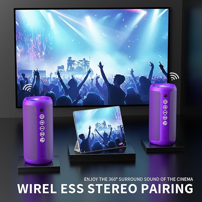 Ortizan Portable Bluetooth Speaker: IPX7 Waterproof, 24W Loud Sound, Deep Bass, Bluetooth 5.3, LED Lights, Wireless Stereo Pairing, 30H Playtime, for Home/Outdoor/Party/Beach, Birthday Gift (Purple)