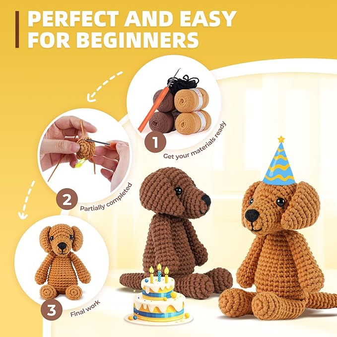 MOREJMTT Crochet Kit for Beginners, Learn to Crochet, Include Easy Knitting Soft Yarn, Step-by-Step Video Tutorial, Hook, Holiday Birthday Gift for Adults and Kids(2 Pack Golden Retriever)