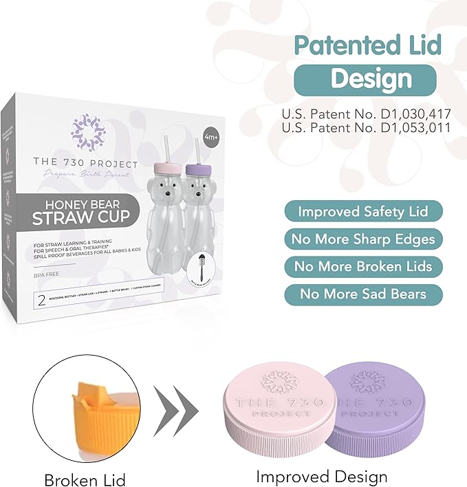 Honey Bear Straw Cup for Babies, Honey Bear Cups with Travel Lid, 2-Pack Therapy Learning HoneyBear Straw Sippy Cup for Toddlers, Cherry Blossom & Unicorn, 8 oz