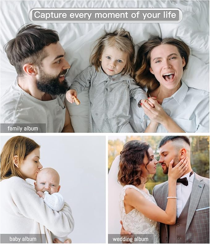 popotop Photo Album Self Adhesive with Picture Display Window,60 Pages DIY Scrapbooking Supplies Kit for 4x6 10x12 Picture,Linen Cover Memory Book for Baby Wedding, with Scraper and Metallic Pen