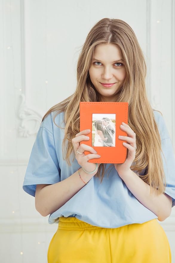 RECUTMS Mini Photo Album 4x6 52 Pockets, Leather Cover with Front Window Album Hold 52 Vertical Photos for Family Wedding Baby Children (Orange)
