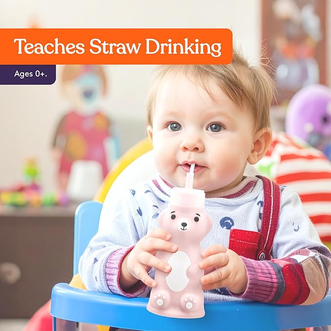 Special Supplies Honey Bear Straw Cup Long Straws, Squeezable Therapy and Special Needs Assistive Drink Container, Spill Proof and Leak Resistant Lid (Pack of 1 Bottle and 3 Straws) (Pink)