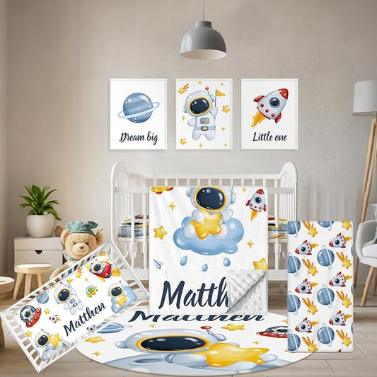 Customized Baby Bedding Set, 5 Pcs Custom Nursery Bedding Set with Baby Name, Double Layer Crib Set for Girls Boys, Personalized Gifts for Toddlers Infants New Parents, Space Astronaut