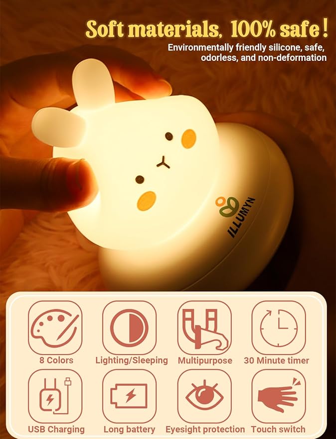 Kids lamp, Bunny Night Light, Toddler Night Light, Rechargeable & Dimmable with 30 mins Timer Function, Safe Silicone Material for Kids to Play with,【9 Colors】