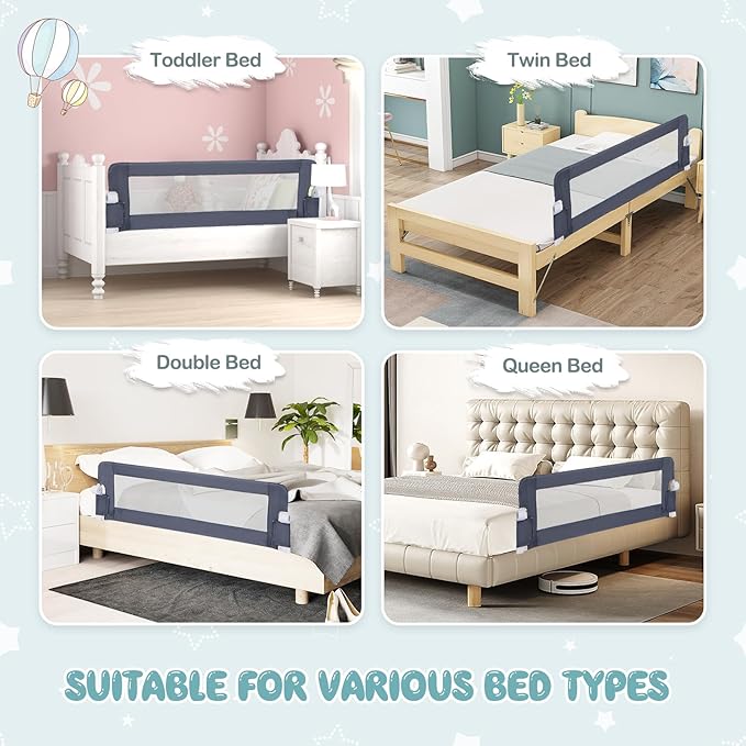 BABY JOY Bed Rails for Toddlers, Extra Long, Swing Down Safety Bed Guard for Convertible Crib, Folding Baby Bedrail for Kids Twin, Double, Full Size Queen & King Mattress (60-Inch, Dark Blue)