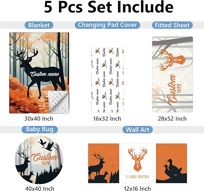 Personalized Baby Crib Bedding Set, 5 Pcs Custom Baby Crib Set with Name, Soft Flannel Deer Crib Bedding Set for Boys, Double Layer Nursery Bedding Set, Toddler Infant Bedding Set Parents Gift