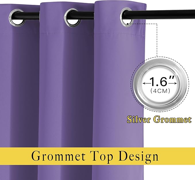 NICETOWN Blackout 72 inch Curtains for Kids Room, Grommet Room Darkening Thermal Insulated Solid Window Treatments Sound Reducing for Bedroom, 2 Panels, W37 x L72, Lilac Purple