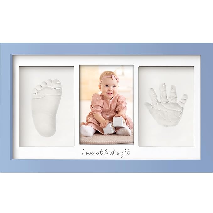 Baby Hand and Footprint Kit - Clay Handprint Keepsake Frame, Newborn Nursery Picture Frame, Personalized New Mom Gifts for Baby Shower & Registry (Cornflower)
