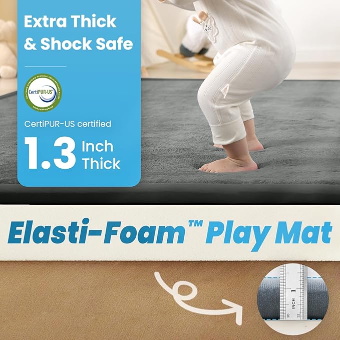 Ultra Soft Baby Play Mat,71"×79" Extra Large Activity Tummy Time Mat for Toddlers,Infants,Kids,1.3" Thick Elasti-Foam Nursery Rug for Floor,Non-Slip Safe for Crawling,Water-Repellent(Dark Grey)