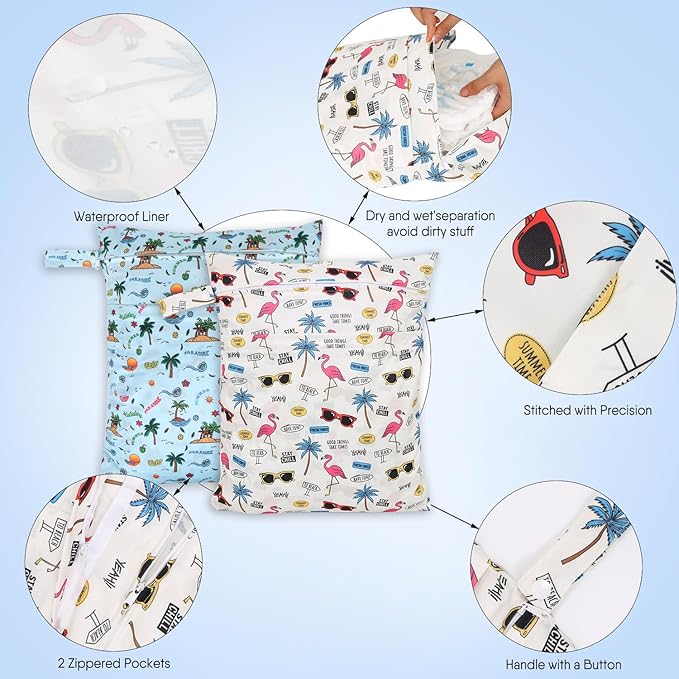 2pcs Travel Waterproof Laundry Bag, Cloth Diaper Wet Dry Bags with Handle & 2 Zipper Pockets, Reusable Washable Dirty Clothes Bag for Baby Adult Travelling Hanging, Bathing Beach Pool Daycare