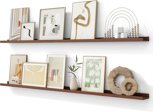 Picture Ledge Shelf, 72 inch Solid Ash Wood Floating Shelves Set of 2, Picture Ledge Photo Ledge Wall Mounted for Living Room Kids' Room Bedroom, Color Walnut