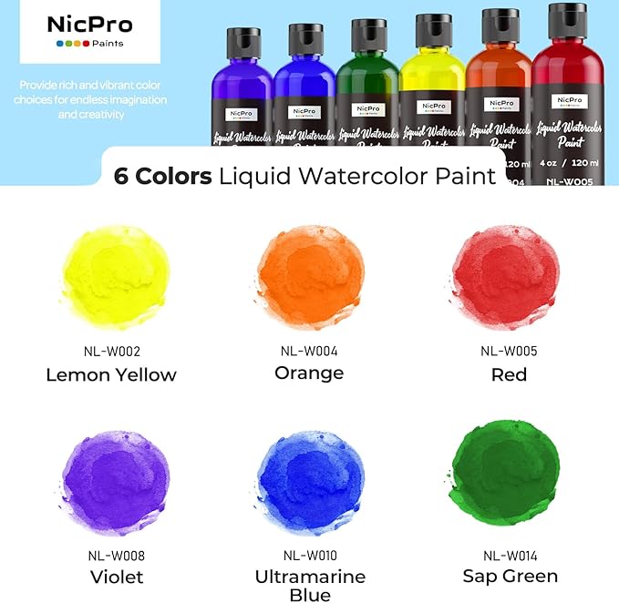 Nicpro 6 Colors Liquid Watercolor Paint Set, 4oz Liquid Watercolor Paint, Vibrant Colors & Non-Toxic Water Colors Painting Supplies for Art Activity, Craft DIY, Poster, School, Home, Classroom, Party
