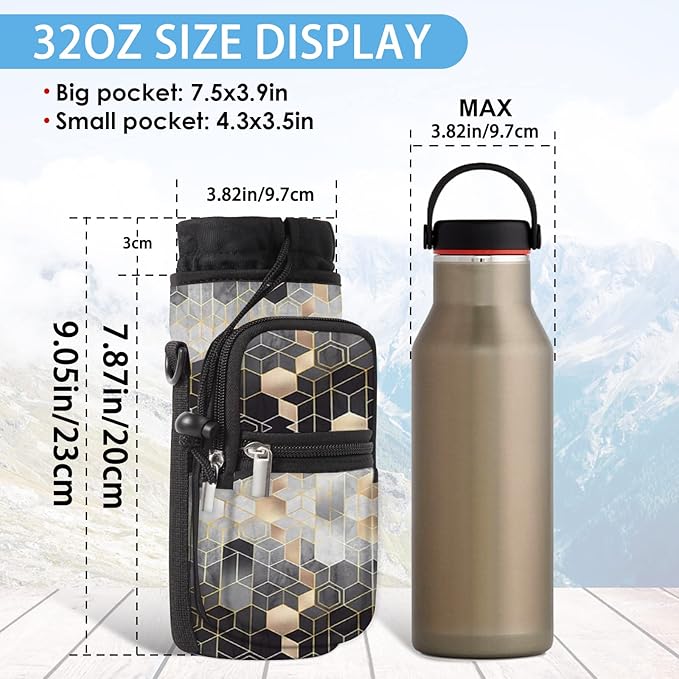 25/32/40/64oz Water Bottle Bag Holder Carrier-Insulated Crossbody Sling Case Sleeve with Strap & Pockets for Men Women Gym Cycling Travel Walking Hiking Camping
