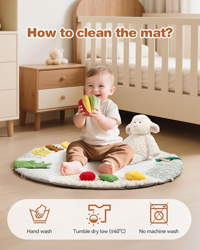 Wooden Baby Play Gym & Tummy Time Playmat – Montessori Sensory Activity Mat with 6 Developmental Toys for Fine Motor Skills – for Newborns to Toddlers (0–12M+)