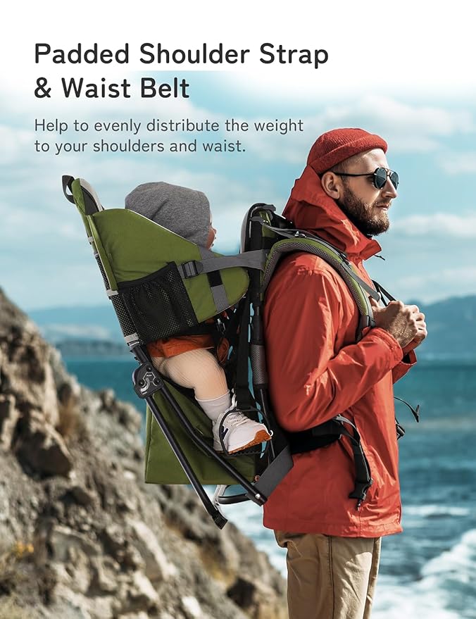 besrey Baby Backpack Carrier, Toddler Hiking Backpack with Safety 3-Height Seat, Adjustable Straps&Waist Belt, Foldable Frame Lightweight Large Capacity Child Carrier for Hiking (Army Green)