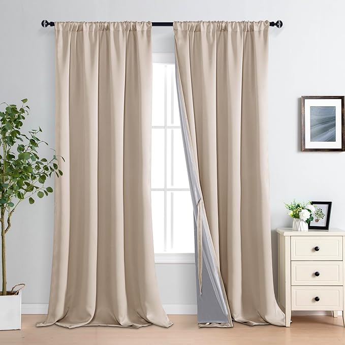 XWZO 100% Blackout Curtains, Double Layer Full Room Darkening and Energy Efficiency Rod Pocket Window Panels with Tiebacks for Living Room, Biscotti Beige, W52 x L108, Set of 2 Drape Panels