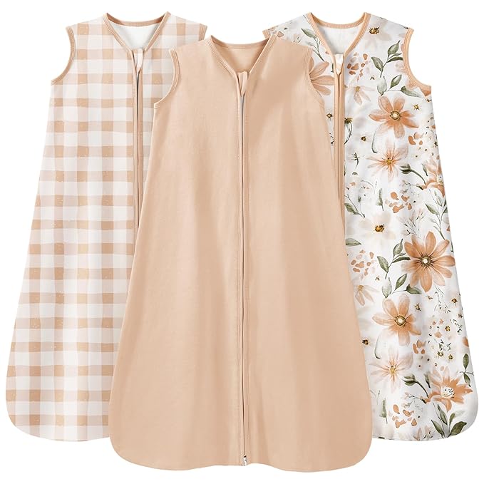 Baby Sleep Sack 18-24 Months 3 Pack 100% Cotton Lightweight 0.5 TOG Wearable Blanket Baby Sleep Bag with 2-Way Zipper for Newborn Infant Orange Flowers & Plaid