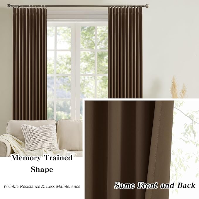 KEQIAOSUOCAI Brown Pinch Pleated 60 Inch Wide Curtains 60 x 102, Thermal Insulated Noise Cancelling Living Room Office Drapes 102 Inches Long, Patio Sliding Glass Door Window Curtain 2 Panels