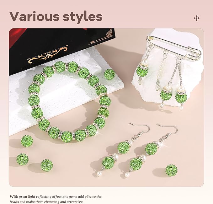 200pcs 10mm Rhinestone Beads for Jewelry Making, Light Green Shiny Round Disco Ball Beads Bulk, Sparkle Crystal Clay Christmas for Bracelet Baseball Necklace Earring Crafting and DIY