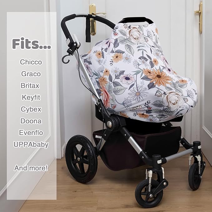 Rquite All-in-1 Car Seat Cover Baby, Carseat Covers for Girl Boy, Stretchy Soft Infant Car Seat Cover, Multi-use Baby Carrier Cover, Car Seat Canopy, Stroller Sun Shade, Nursing Breastfeeding Cover